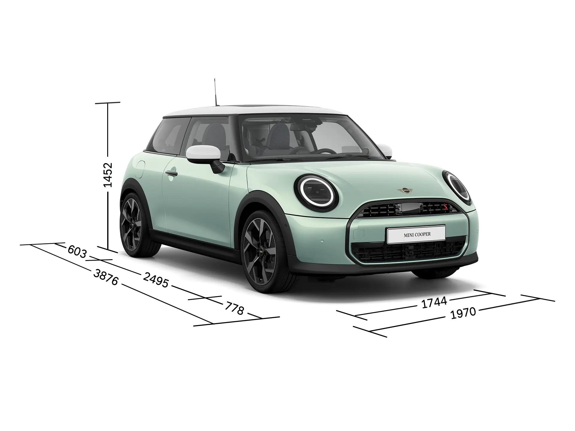 3-drzwiowe MINI Cooper – widok z przodu i wymiary