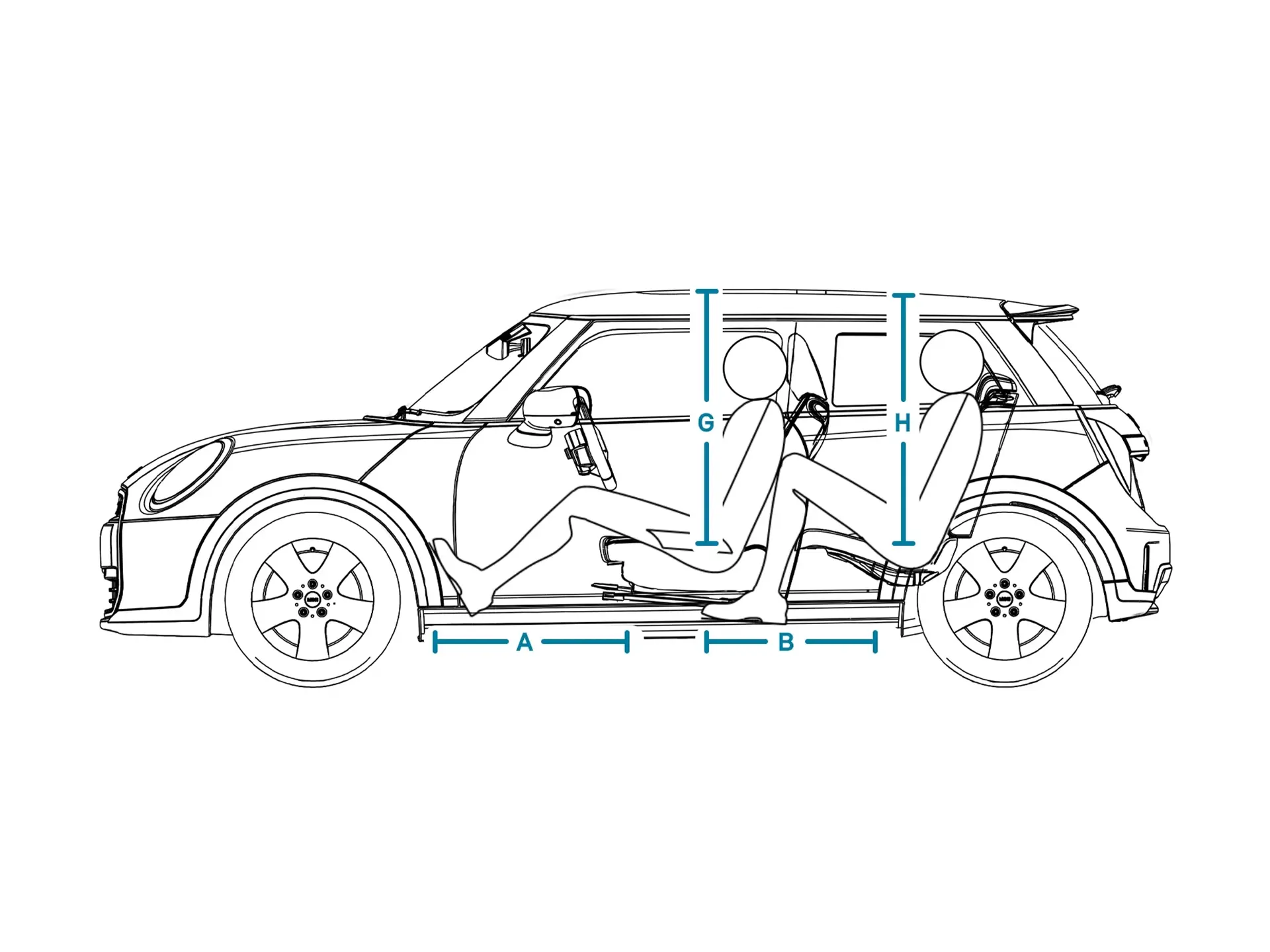 3-drzwiowe MINI Cooper – wymiary wnętrza z boku