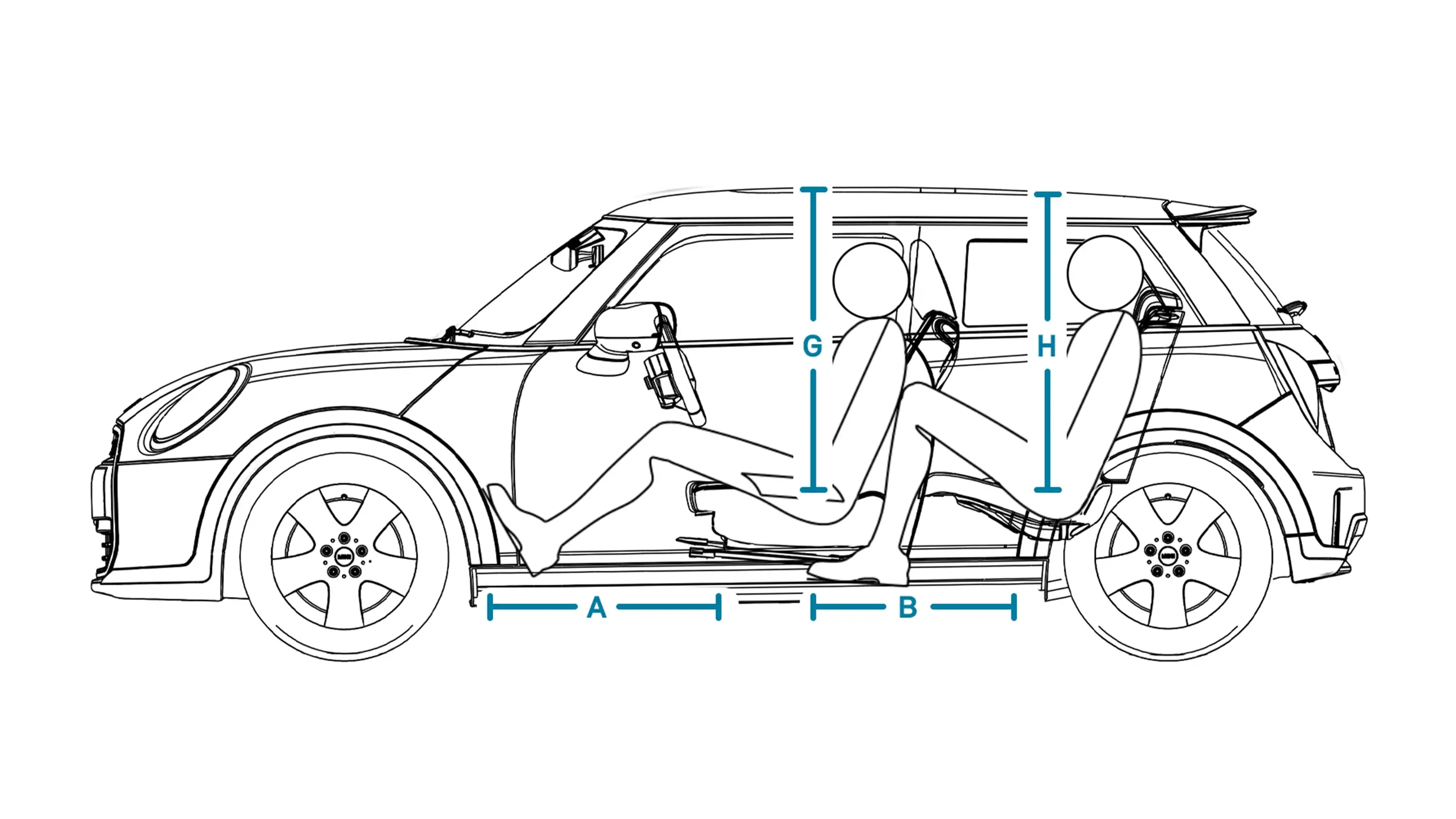 3-drzwiowe MINI Cooper – wymiary wnętrza z boku