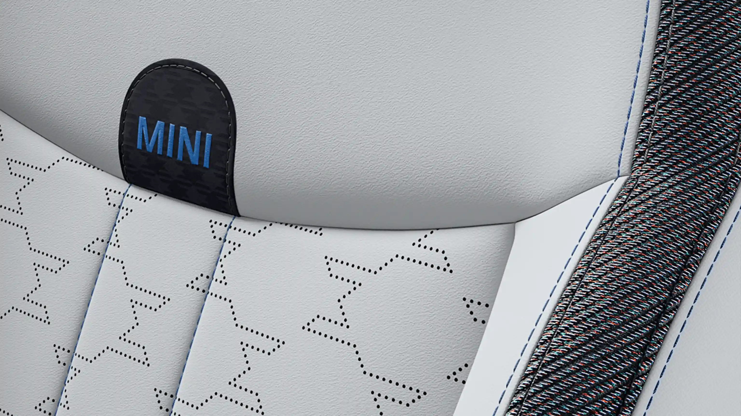 Widok 5-drzwiowego MINI Cooper w stylu Classic na siedzenia w kolorze szaro-niebieskim – materiał Vescin / tkanina tekstylna
