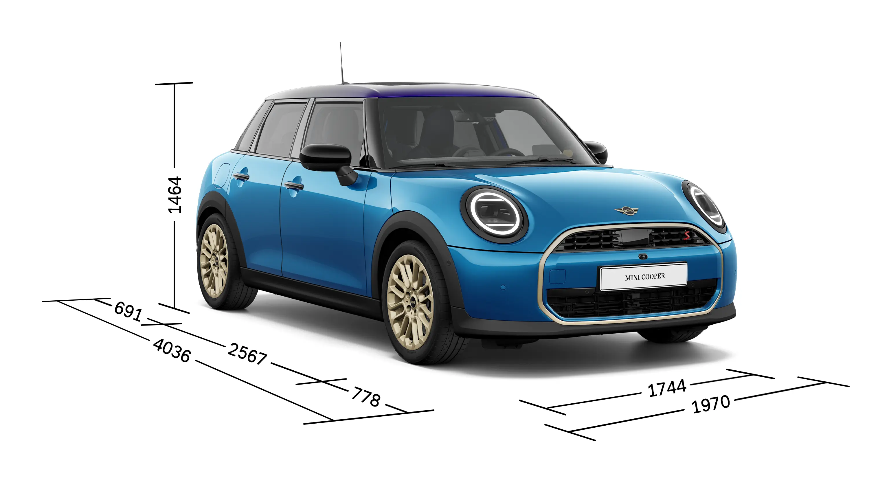 5-drzwiowe MINI Cooper – widok z przodu i wymiary