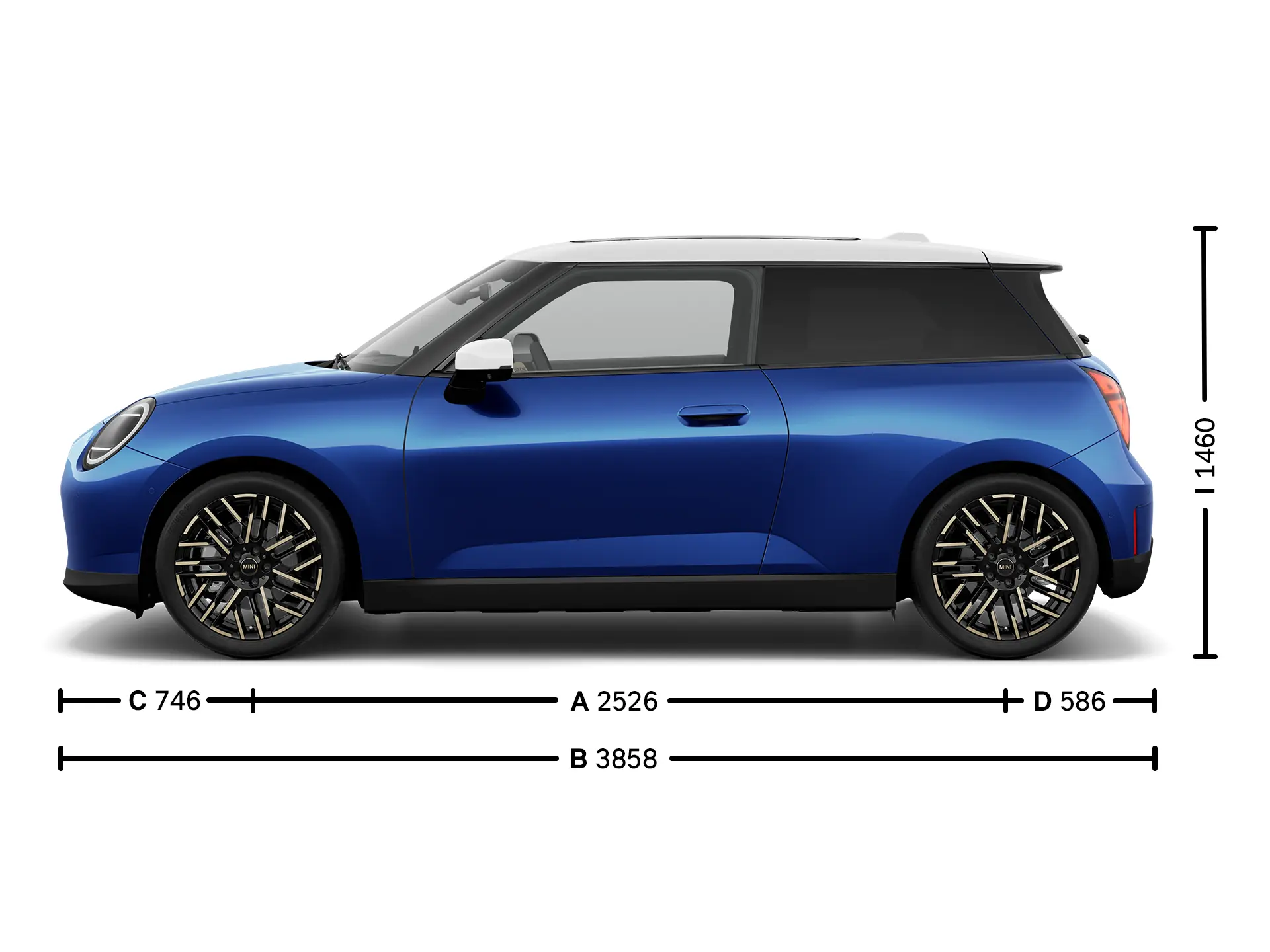 Wymiary w pełni elektrycznego MINI Cooper z boku