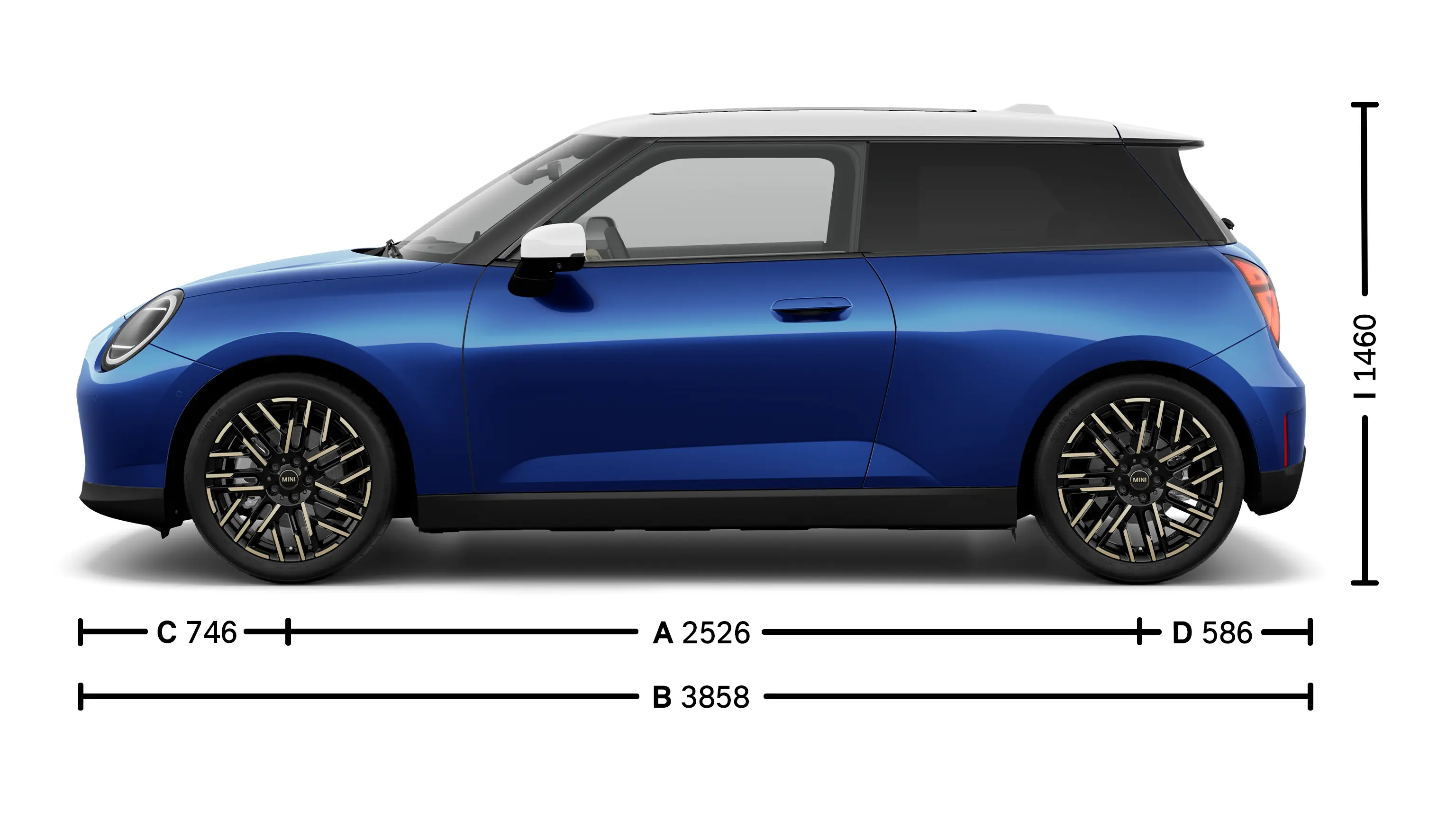 Wymiary w pełni elektrycznego MINI Cooper z boku