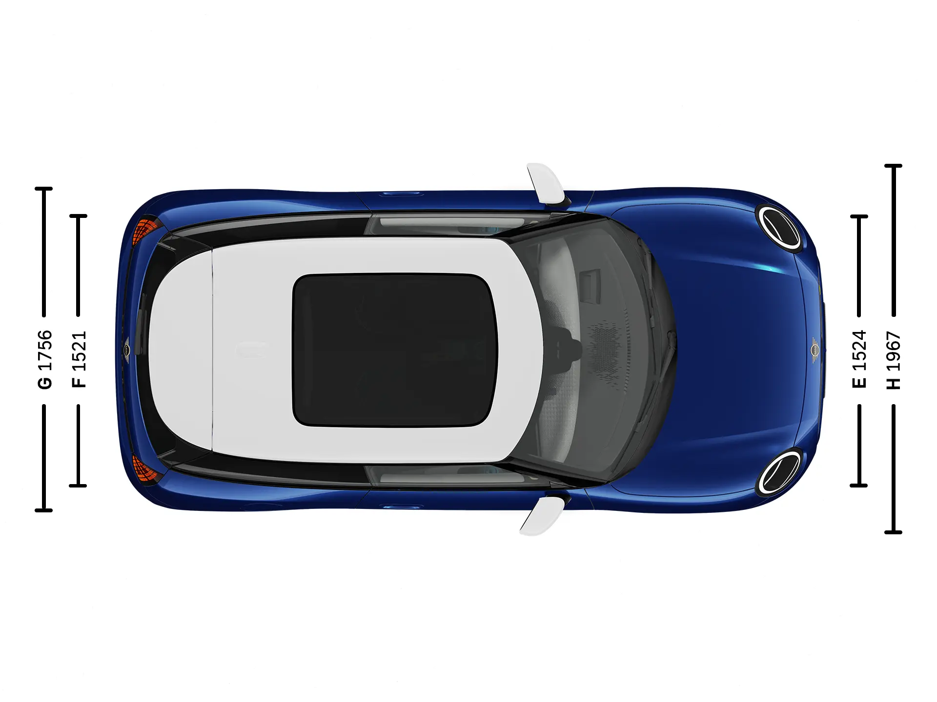 Wymiary elektrycznego MINI Cooper z góry