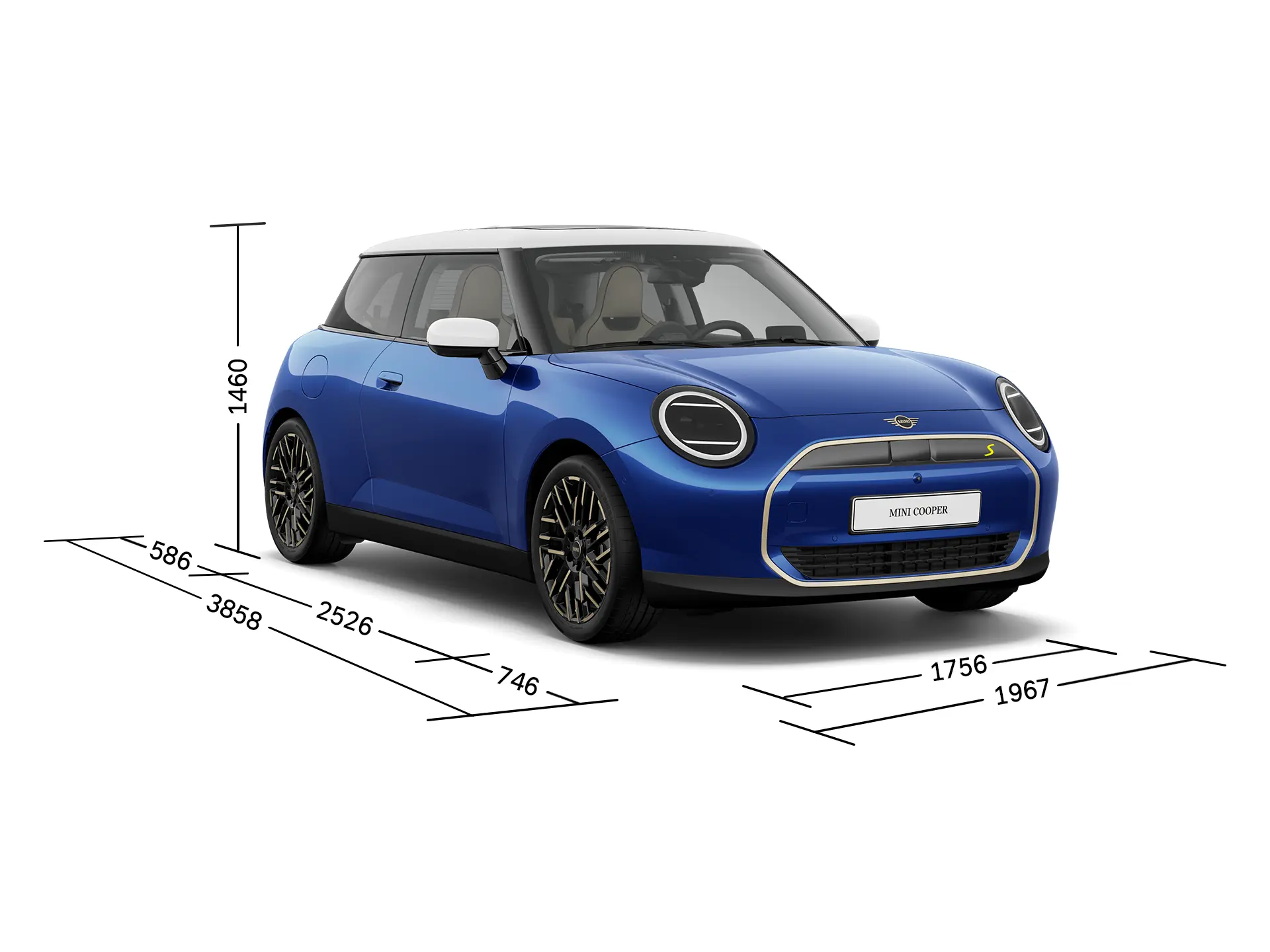 W pełni elektryczne MINI Cooper – widok z przodu i wymiary