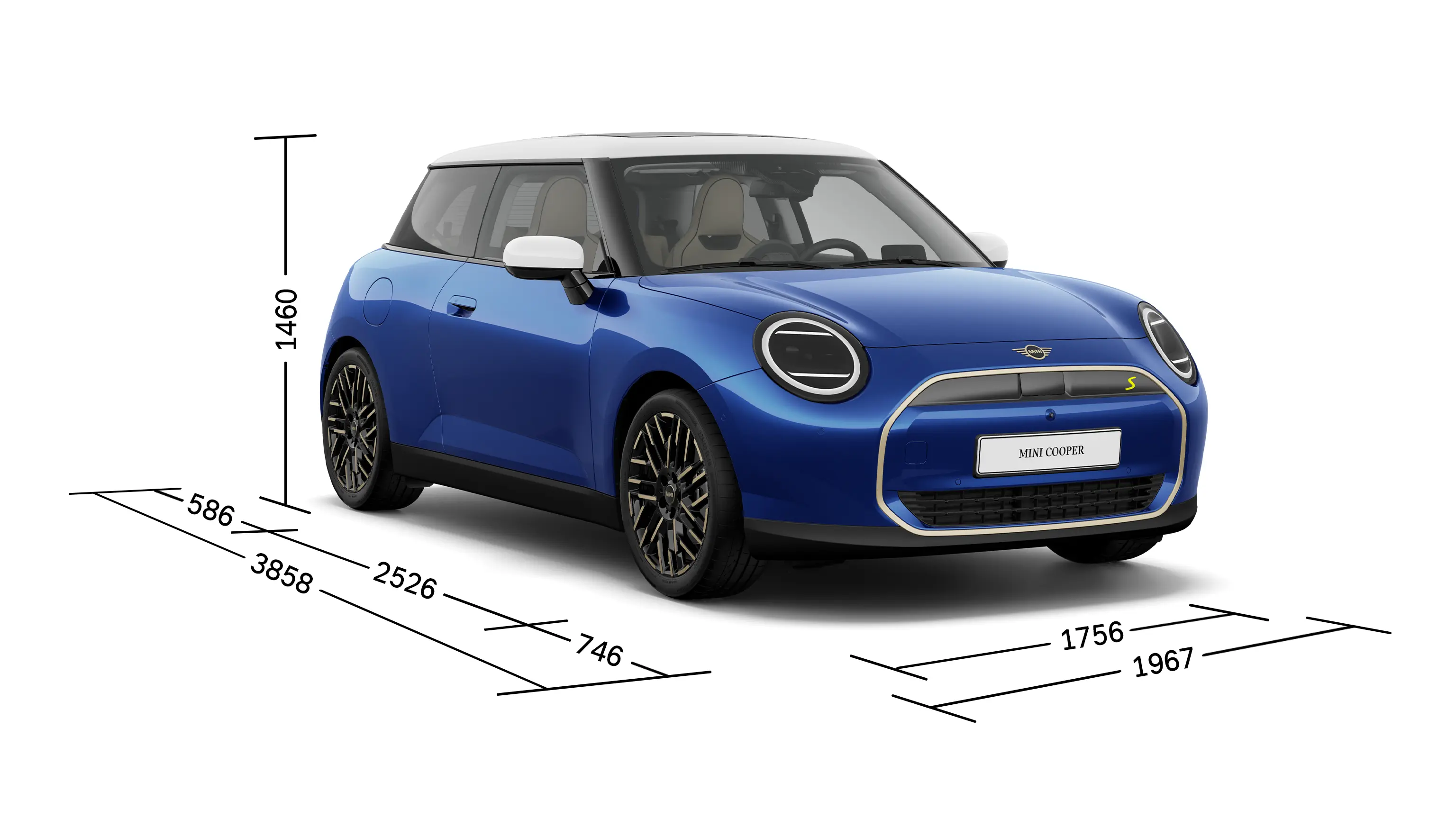 W pełni elektryczne MINI Cooper – widok z przodu i wymiary