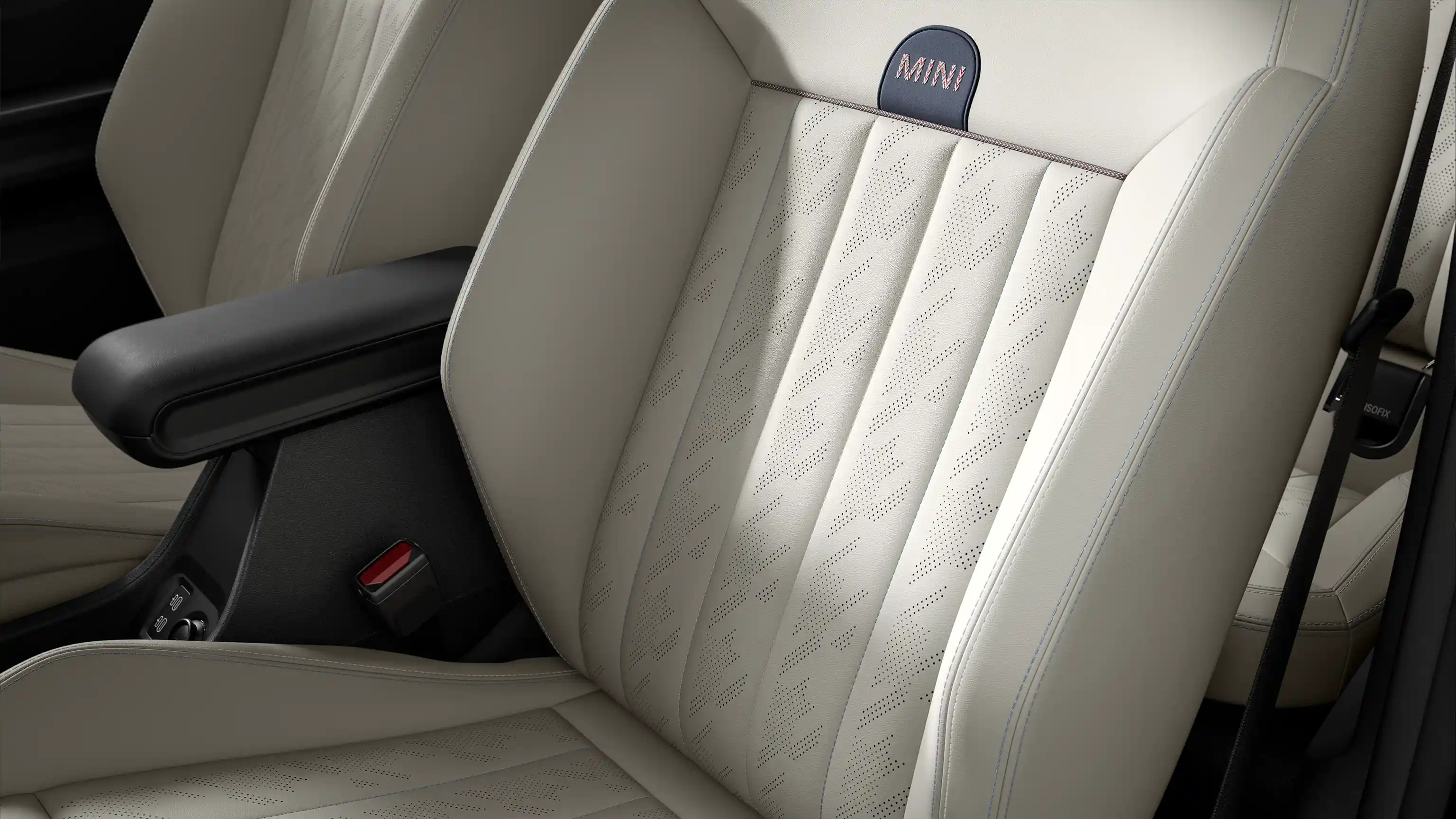 Widok siedzeń w stylu Favoured w MINI Cooper Cabrio, wykonanych z materiału Vescin w kolorze beżowym