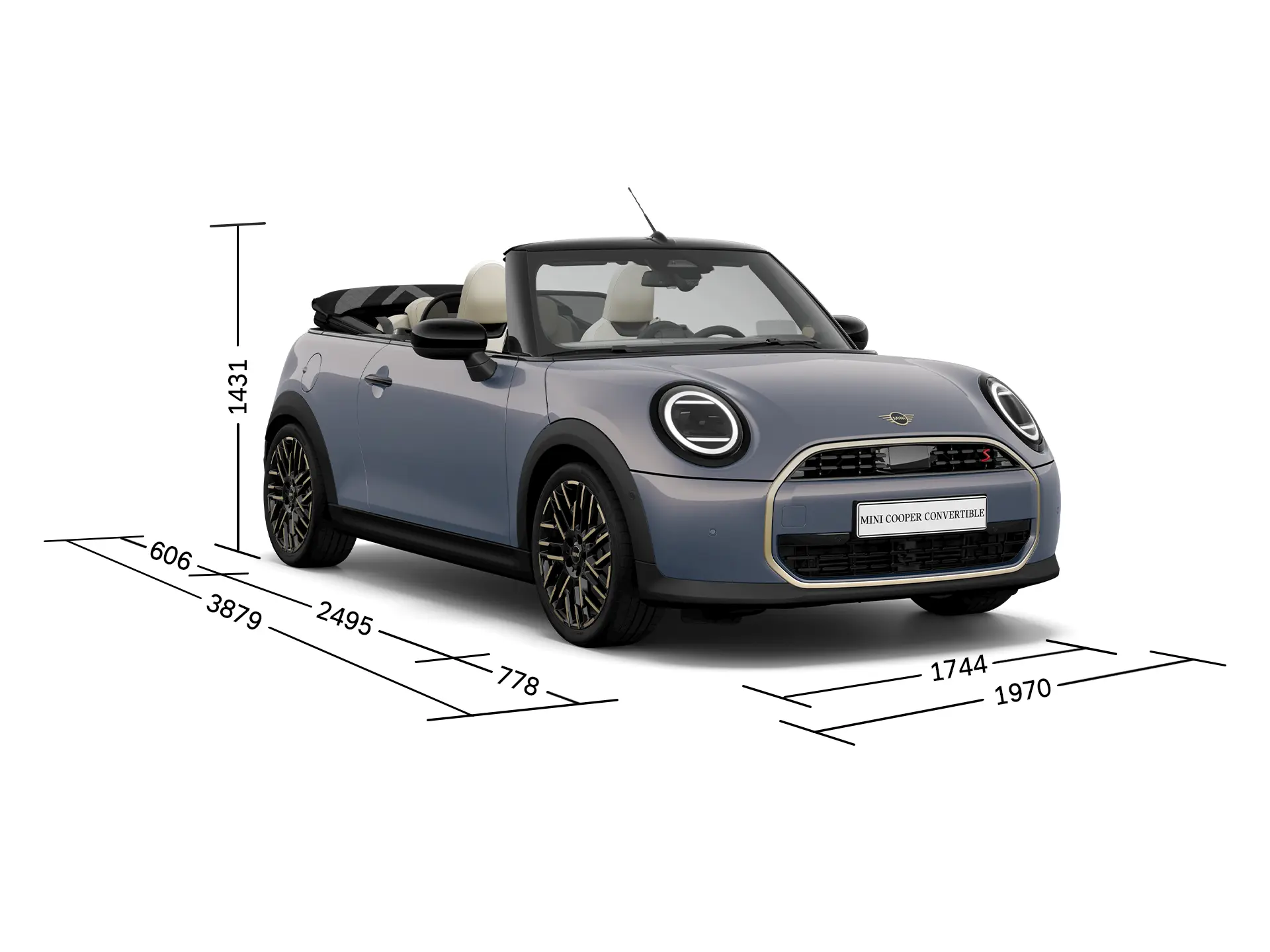 MINI Cooper Cabrio – widok z przodu z wymiarami