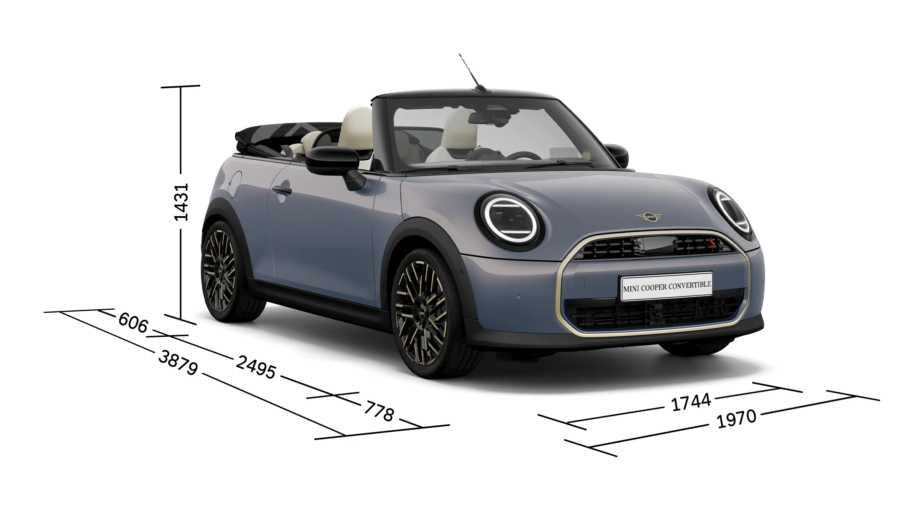 MINI Cooper Cabrio – widok z przodu z wymiarami