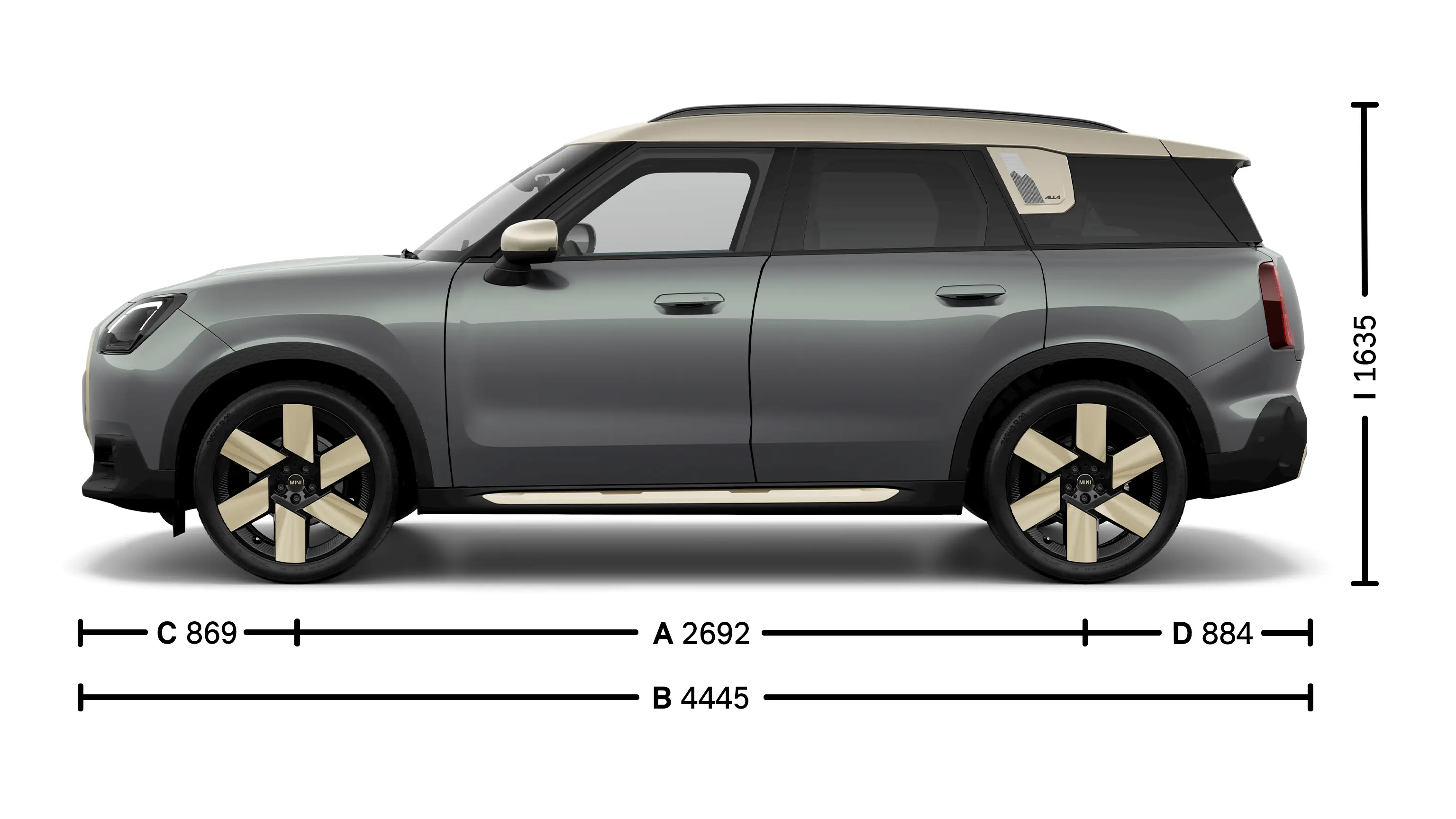 Wymiary elektrycznego MINI Countryman z boku