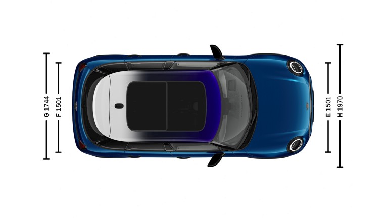 5-drzwiowe MINI Cooper - wymiary - ilustracja główna z lotu ptaka